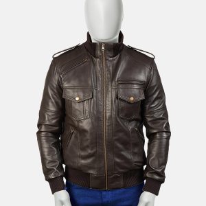Agent Shadow Brown Leather Bomber Jacket